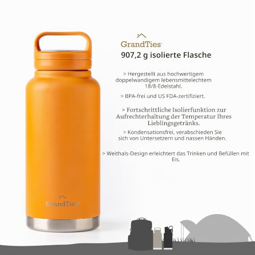 GrandTies 2 Deckel Sport Edelstahl Wasserflasche - 946 ml, wiederverwendbare Weithalsvakuumisolierte Wasserflaschen, Reise-Metallkanzine… – Ansicht 2