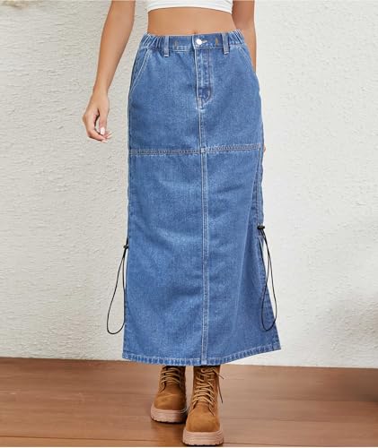 SOMTHRON Women's Casual Denim Midi Skirt Elastic Waist Washed Side Slit Drawstring Ruched Jean Long Skirt4
