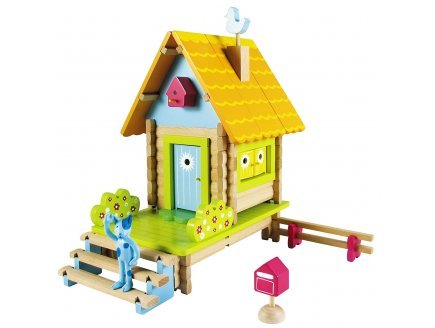 cavernedesjouets Jouet en Bois : Chalet Maison sur pilotis 20 x 30 x 27 cm - 100 Pieces - Set Jeu de Construction garçon + Carte Tigre - Enfant
