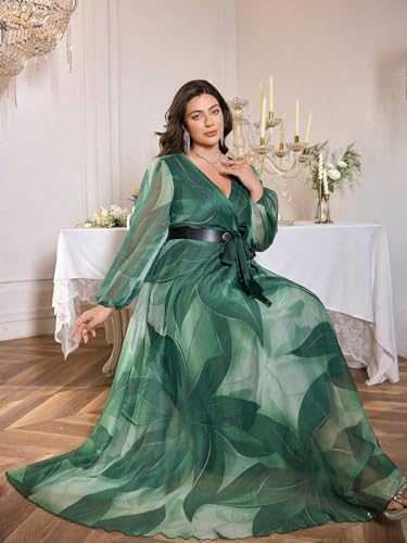 Image of Spring Summer 2024 Plus Size Womens Dresses V Neck Casual Elegant Long Sleeve Floral Print Maxi Dress