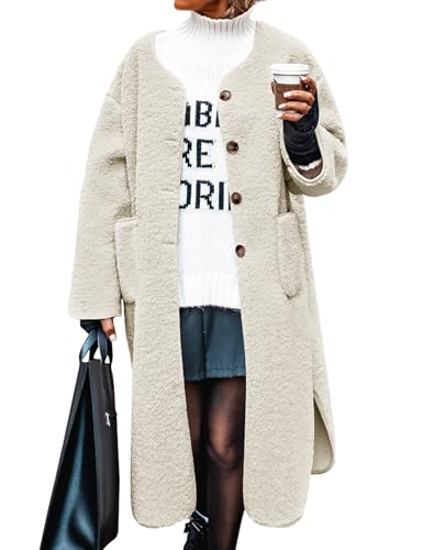 Image of Poetsky Womens Winter Teddy Faux Fur Coats Warm Button Down Fuzzy Fleece Long Jacket Outerwear Outfits