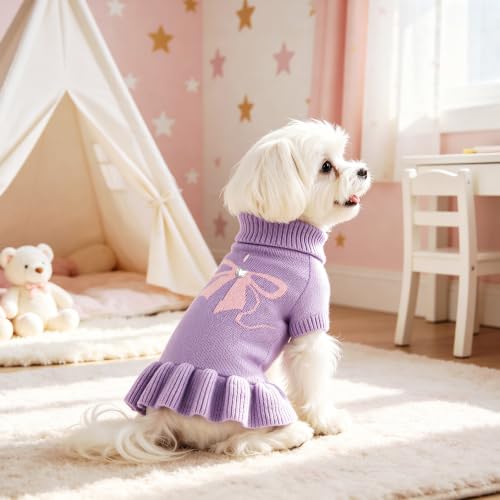 Image of YUDODO Bowknot Dog Sweater Dress for Small Dogs Girl, Stretchy Pet Clothes