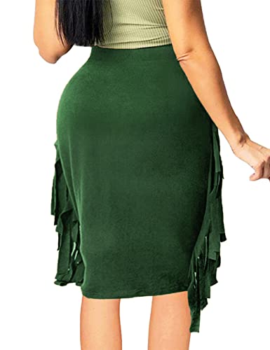 Ueoiow Midi Skirts For Women High Waisted Fringe Skirt Tassels Side Bodycon Pencil Skirt Clubwear M Dark Green #TOP3
