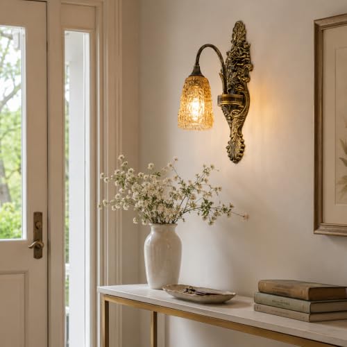 Image of Rustic Glass Wall Sconce Vintage Antique Gothic Black Brush Gold Wall Light Fixture Retro Mid Centry Glass Wall Sconce for Bedroom, Living Room, Mirror, Hallway