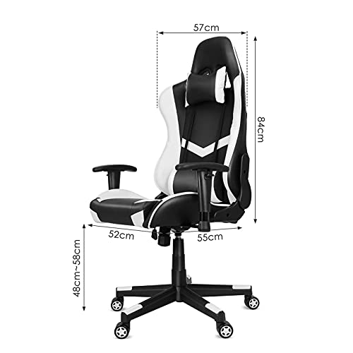 Gamestoel race gamingstoel ergonomische bureaustoel met verstelbare armleuningen nekkussen Instelbare zithoogte,stalen frame, 160° hellingshoek instelbaar belasting 200 kg, zwart en wit - Image 8
