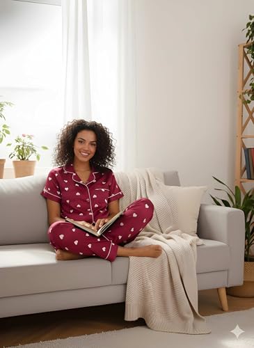 Image of Women's Lycra Heart Printed Night Suit Set of Shirt & Pajama Set Women Night Wear Set,Night Dress for Woman