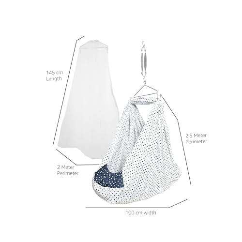 Image of beetot Baby Cradle Set Swing /Jhula (Thottil Cloth, Palna, Dolna) | Hanging Cradle with Removable Bed, Mosquito Net, Spring, Triangle Hanger | Up to 15 kg | 0-2 Years | PRE-LT Navy DOT-PRINT-15983