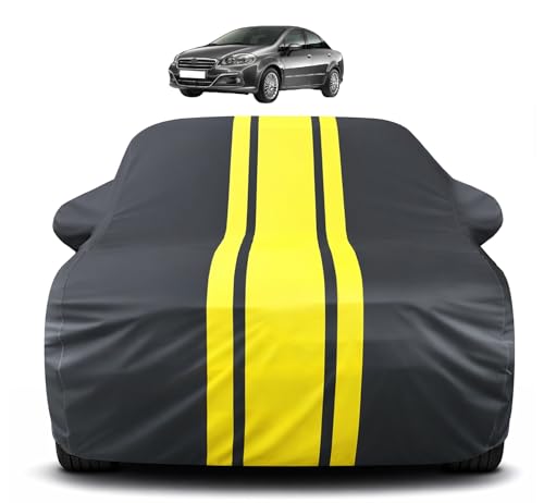 Image of Auto Hub Car Cover Compatible with Fiat Linea with Mirror Pocket, Soft Cotton Lining, Linea Car Cover Waterproof - Yellow-Black