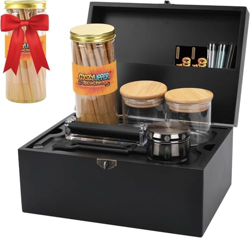 Coozyupper Large Bamboo Storage Box with Lock Removable Wooden Tray Airtight Rubber Seal Glass Jars Decorative Lockable Wooden Organizer Box Complete Accessories Gift Set