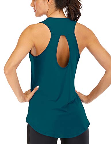 ICTIVE Yoga Tops for Women Loose Fit Workout Backless Sleeveless Keyhole Open Back Racerback Summer Shirts Dark Green M
