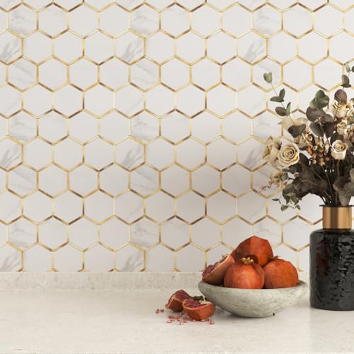 Diflart Peel and Stick Kitchen Backsplash Tiles Gold and White Hexagon PVC Wall Tile Faux Marble for Kitchen Bathroom Pack of 10 Sheets - Image 3