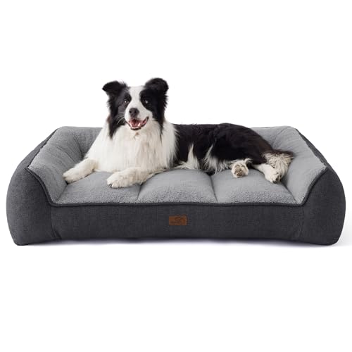 Bedsure Lettino Lavabile per Cani Grande - 96x71cm Divano per Cani Extra Spesso e di Sostegno con Rivestimento Impermeabile, Cuccia Antiscivolo in Peluche Sherpa Morbido, Grigio Scuro