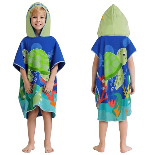 PinkSheep Kids Beach Towel,100% Cotton Bath Towel with Hooded, Super Absorbent Girl Poncho Towel with Buckle for Swimming, Bath Time, Age 3-6 Years (Turtle Blue)