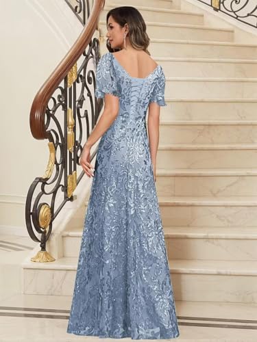 V Neck Sequin Mother of The Bride Dresses with Sleeves 2025 Mermaid Formal Evening Gowns YMS4562