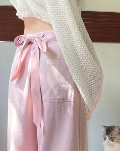 Y2K Bow Tie Jeans for Women Baggy Casual Wide Leg Pants Kawaii Straight High Waist Drawstring Pink Trousers2