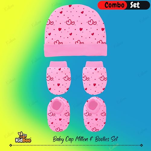 Image of Kidbee Baby Cotton Booties Mittens and Caps Combo for New Born Babies (0-6 Months)