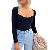 EXLURA Women's Square Neck Ribbed Knitted Crop Sweater Long Sleeve Slim Fit Pullover Jumper Tops...
