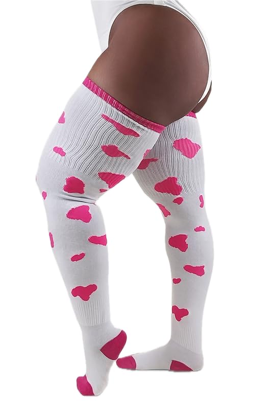 Image of Thunda Thighs Plus Size Thigh High Socks, Over the Knee High Boot Stockings Leg Warmers, Extra Long & Thick Socks Cow Print White & Neon Pink