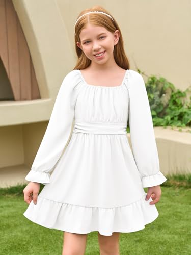Haloumoning Girls Long Sleeve Dress Kids Square Neck Tie Backless Ruffle A-Line Mini Dresses 5-14 Years2