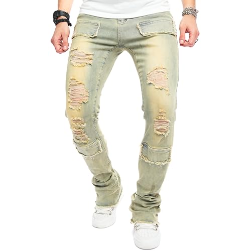 Men's Stacked Jeans Skinny Fit Stretch Jeans Patched Side Striped Straight Leg Denim Male Pants