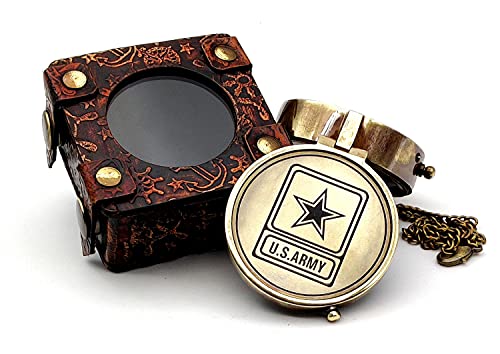 5MoonSun5's US Army Engraved Brass Military Compass Nautical Marine Navigation Compass for Army Person Survival Hiking Camping Hunting with Leather Display Case