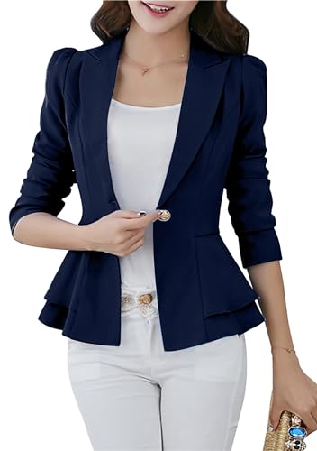 Image of PUDANA Women's Peplum Hem Plain Slim Notch Lapel Blazer Long Sleeve Office One Button Jacket Navy Blue S