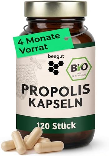 beegut BIO Propolis Kapseln, 120 Kapseln in pflanzlicher Kapselhülle mit BIO Propolis Extrakt, nachhaltige Verpackung