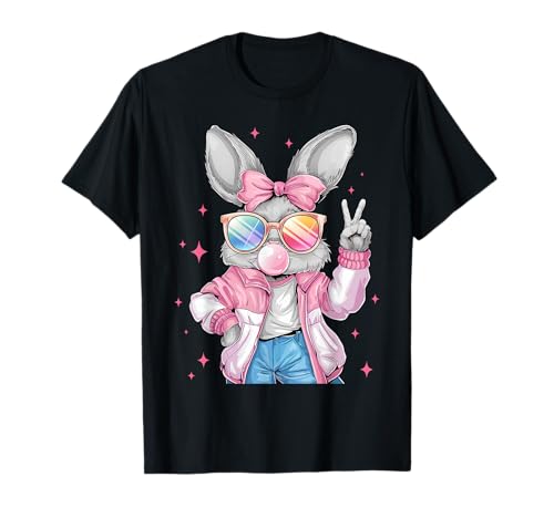 Easter Bunny Blowing Bubble Happy Easter Bunny Coquette Bow T-Shirt