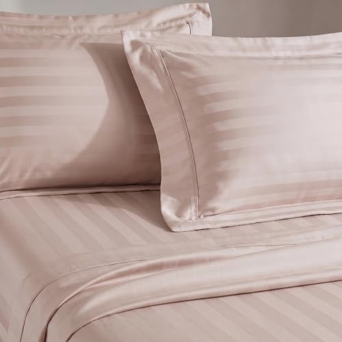 Image of LANE LINEN 100% Cotton Double Bedsheet with 2 Pillow Cases | Damask Stripe 3pc Bedding Set- 2.29M x 2.54M | Breathable & Comfortable Fabric | Oeko-TEX Certified - Sepia Rose