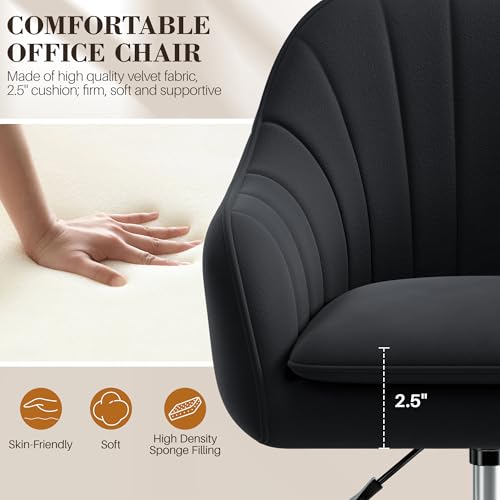 Image of Vanity Chair with Wheels, Comfy Home Office Desk Chairs Adjustable Modern Velvet Makeup Vanity Chairs for Bedroom Living Room-Black