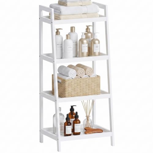 SMIBUY Bamboo Ladder Bookcase, Bathroom Storage Rack Organizer, 4 Tier and 5 Tier Freestanding Plant Display Stand Space Saver Shelves for Bedroom, Kitchen, Balcony (White, 4 Tiers (39' H))
