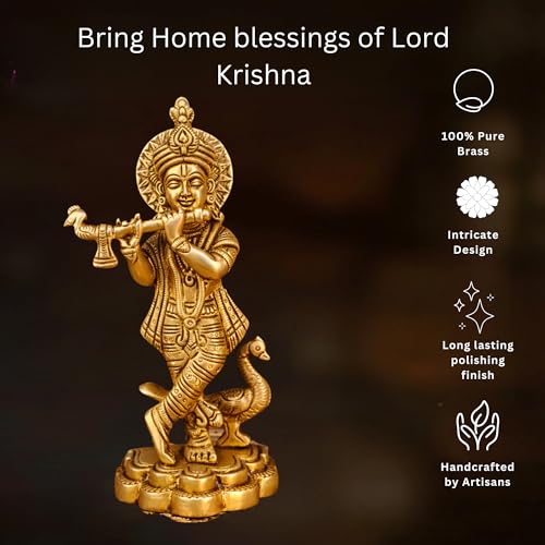 Image of 100% Pure Brass Lord Krishna Idol with Flute (Size:16cm, 600grams) | Shree Lord Krishna Statue for Home Decor | Sri Krishna Idols Gift for House Warming Ceremony or Office Desk