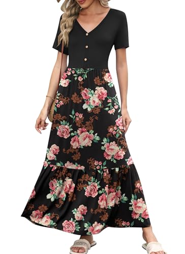 Image of VIISHOW Women's Short Sleeve Maxi Dress 2026 Summer V Neck Knit Loose Plain Empire Waist Casual Dresses with Pockets