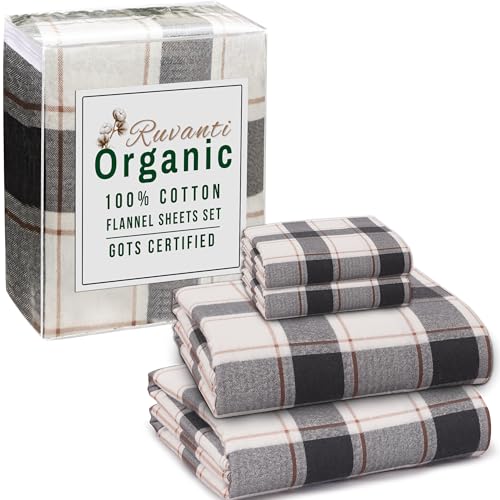 RUVANTI Flannel Sheets King Size - GOTS Certified 100% Organic Cotton, 4 Piece Warm, Soft...