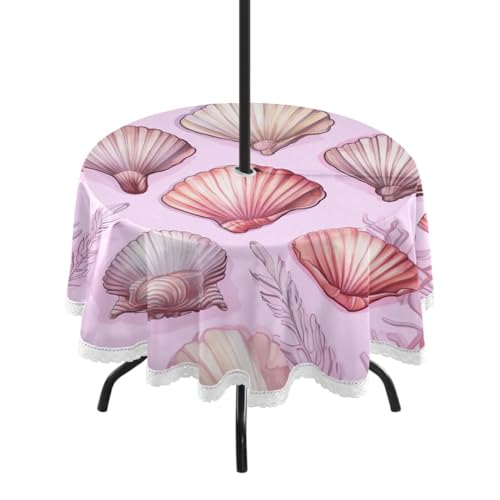 Wajiw 60 Inch Indoor Outdoor Round Tablecloth with Umbrella Hole and Zipper Waterproof Patio Table Cover for Camping Dining Room Party Outdoor Picnic,Seashells