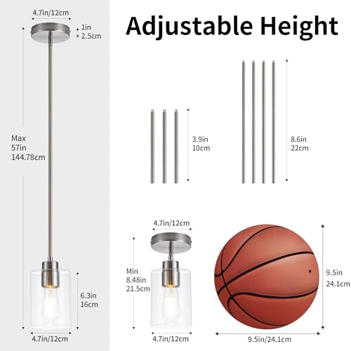 Image of MAYNA 1-Pack Brushed Nickel Ceiling Light Fixture, Simple Silver Mini Pendant with Bulb, Adjustable Rods Contemporary Hanging Lamp for Foyer, Corridor, Sink