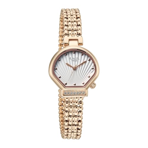 Image of Titan Raga Spotlight with Quartz Analog White Dial Rose Gold Brass Strap Watch for Women - 95432WM01