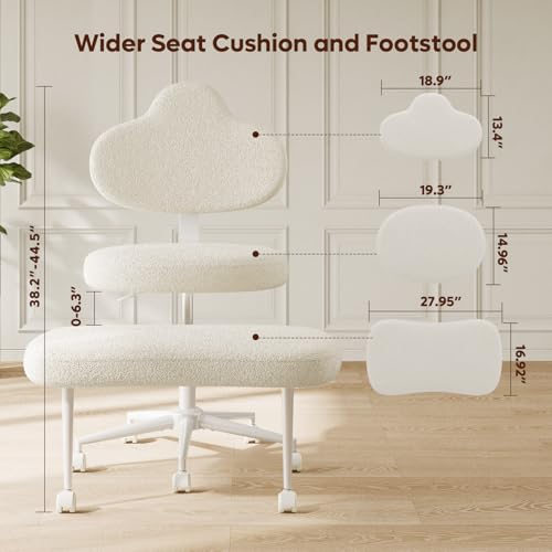 Image of Pinmoco Cross Legged Office Chair with Wheels, Meditation Chair, ADHD Chair for Adults, Wider Height Adjustable Backrest and Seat, Yoga Office Chair, Teddy Fabric, Off White