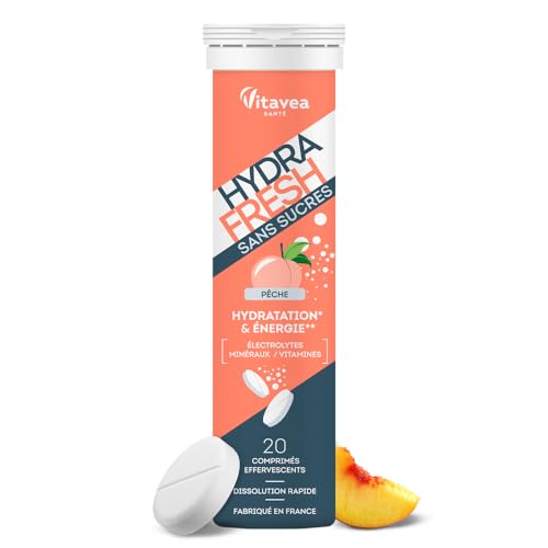 HydraFresh - Pastilles hydratation Effervescentes - Magnésium, Électrolytes, Calcium, Vitamines C et B - Complément alimentaire énergie saveur Pêche - Sans Sucres - Fabriqué en France