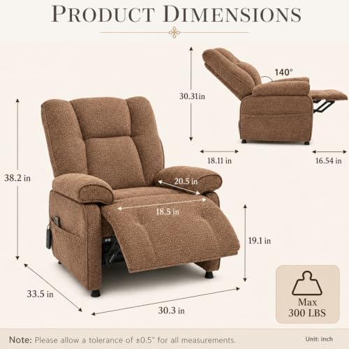 Image of Electric Recliner Chair, 90 to 160 Adjustment with Remote, Brown | Recliner Sofa with USB & Type C Charging, Chenille Upholstery and Side Storage Pocket, Zero Gravity Home Theater Seating