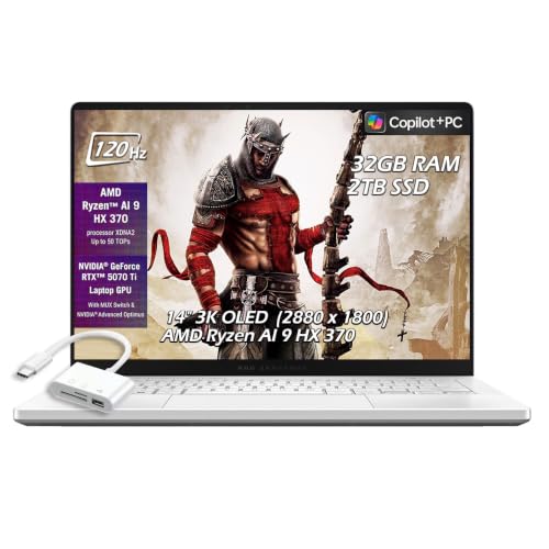 Image of ASUS - ROG Zephyrus G14 14 inch Gaming Laptop - AMD Ryzen AI 9 HX 370 - NVIDIA GeForce RTX 5070 Ti -32G RAM 2TB SSD - Wi-Fi7 Bluetooth BacklitKB Win11 - Platinum White - w /USB Hub - W /GaLiMu