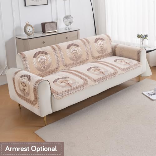Image of HOKIPO Noor Beige Premium Chenille Jacquard Sofa Cover for 3 Seater for Seat & Back, 'Royal Aangan Series' (IN-1008-L4*2)