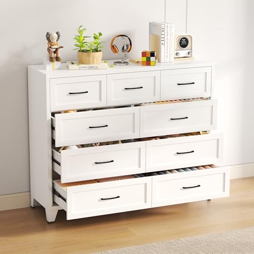 Image of Dresser for Bedroom, Chest of Drawers, 9 Drawers Metal Dresser with Anti-Tipping Device, White Dresser for Living Room, Entryway, Hallway