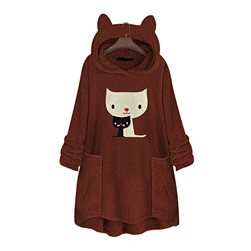Women Cat Ear Hoodies Sweatshirt Soft Lightweight Fleece Embroidery Printed Pullover Pocket Tops Plus Size S-5XL Brown