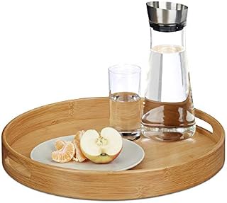 Relaxdays Round Bamboo Serving Tray, Raised Edge, Food Tray, Cut-Out Handles, Size: 5 x 38.5 x 38.5 cm, Wood, Natural
