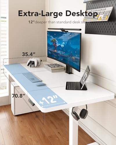Image of HUANUO Electric Standing Desk, 71 x 35 inch Large Height Adjustable Table, Powerful Brushless Motor, 4 Memory Preset, Sit Stand Up Desk, Home Office Computer Table with Thick T-Shaped Frame,White