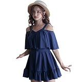 TeddyShop 水着 レディース 体型カバー ワンピース 大人 オールインワン オフショルダー フレア 大きいサイズ hys1515 5XL(19号) プレーンネイビー