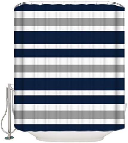 Vandarllin?TM Designs Navy Blue, Gray and White Kids Bathroom Fabric Bath Teen Stripe Shower Curtain-Standard Sizes 72X72 Inch