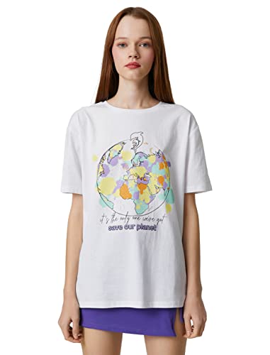 Koton Women's Slogan Print T-Shirt mit Ärmeln Rundhalsausschnitt T-Shirt, Gebrochenes Weiß (001),