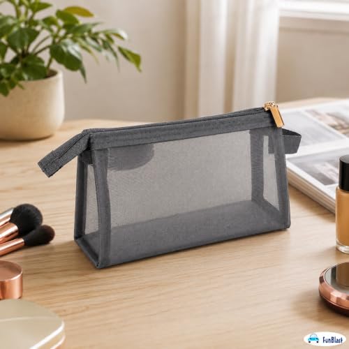 Image of FunBlast Mesh Pencil Case with Smooth Zipper, Single Layer Multi-Purpose Stationary & Pen Pouch for Boys & Girls, Transparent Stationary Bag, Organizer Pouch for Student (Grey-D)